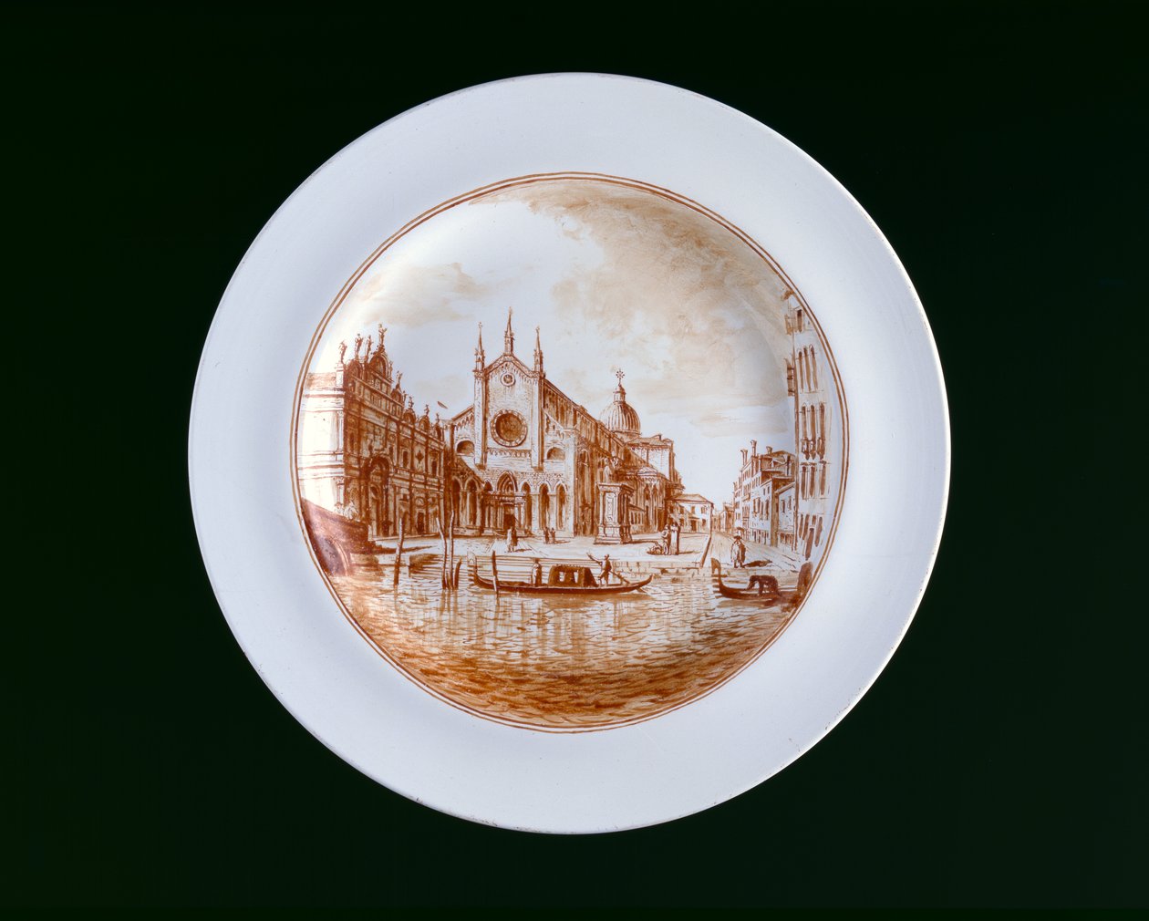 Talíř s pohledem na SS Giovanni e Paolo, Murano Miotti Glasswork, Benátky, c. 1741 (bílé neprůhledné sklo (lattimo)) od Murano Miotti Family