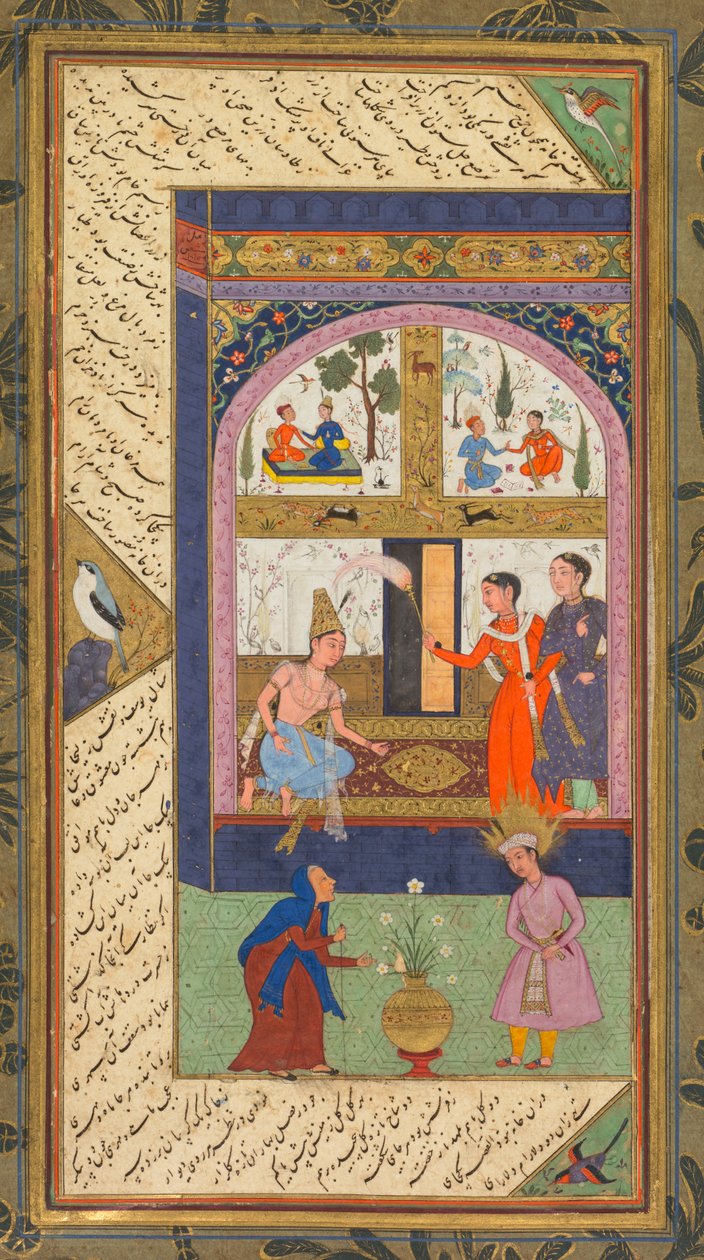 Zulaykha ve svém paláci a jako stará žena s Josephem z Panj Ganj (Pět pokladů) Abd al-Rahman Jami (Peršan, 1414–1492); Verso: Od Panj Ganj z Abd al-Rahman Jami (Peršan, 1414–1492), se dvěma masnavis: Yusuf va Zulaykha (Joseph a Zulayk od Mushfiq