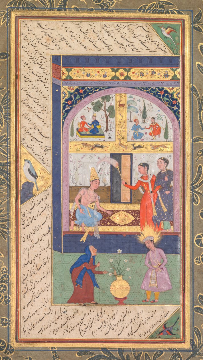 Zulaykha ve svém paláci a jako stará žena s Josefem, z Panj Ganj Five Treasures..., 1603-1 od Mushfiq