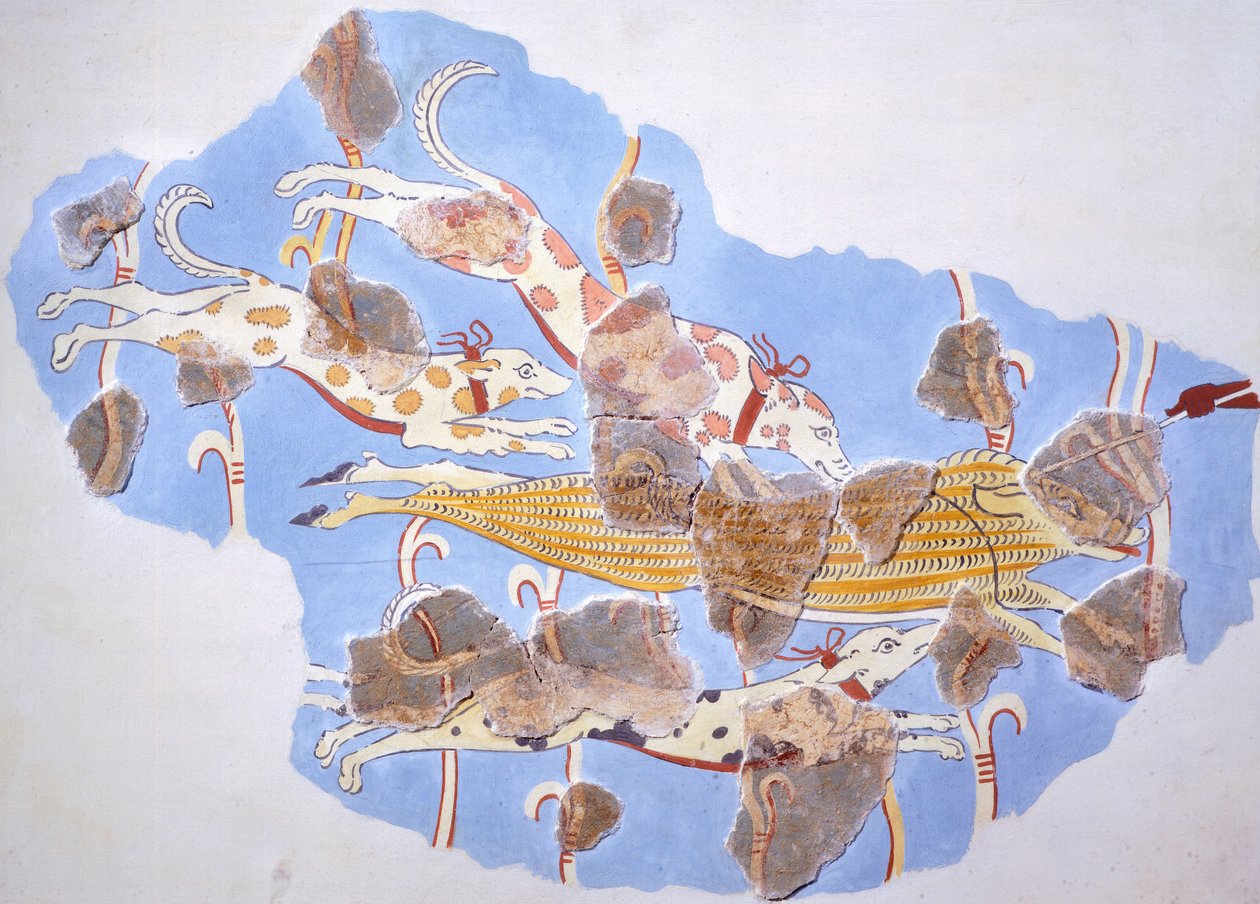 Lovecká scéna, freska z paláce Tirinto (Řecko), mykénská civilizace od Mycenaean