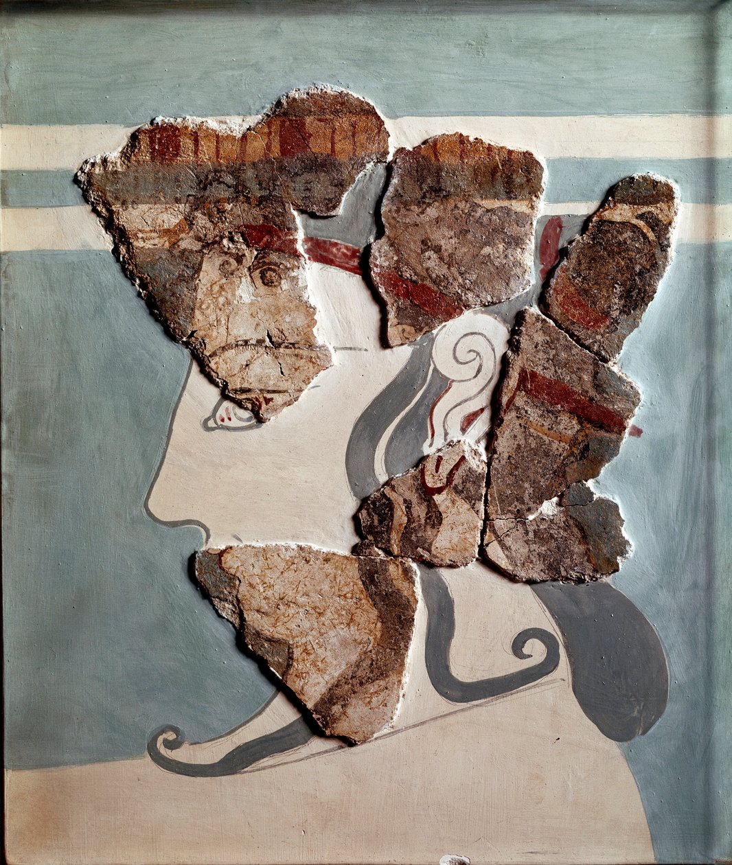 Mykénské umění: ženská hlava. Fragment fresky z paláce Tiryns od Mycenaean