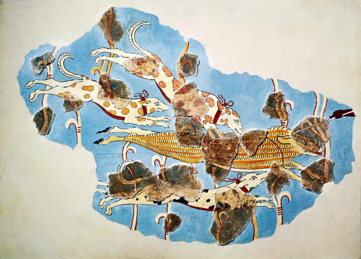 Freska zobrazující loveckou scénu, z Tiryns, Řecko od Mycenaean Mycenaean