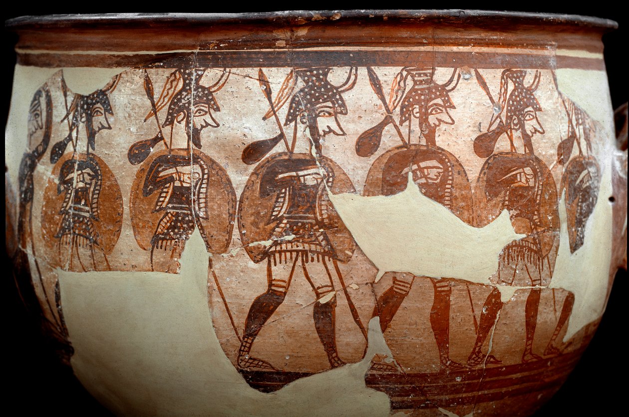 Mycenská civilizace: kráter zvaný Válečníci. Z okruhu hrobek A do Mykénů. 12. století před naším letopočtem. Athény, Národní archeologické muzeum – Umění mykénské civilizace: kráter zvaný Warriors crater. Z hrobového kruhu A v Mykénách. 12. století od Mycenaean Mycenaean