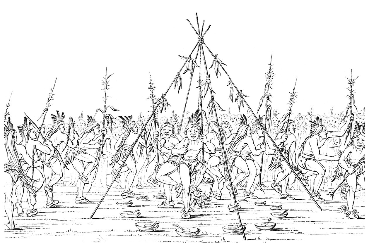 Medicíni tančí kolem hrnce a vzdávají díky Velkému Duchu, 1841. od Myers and Co