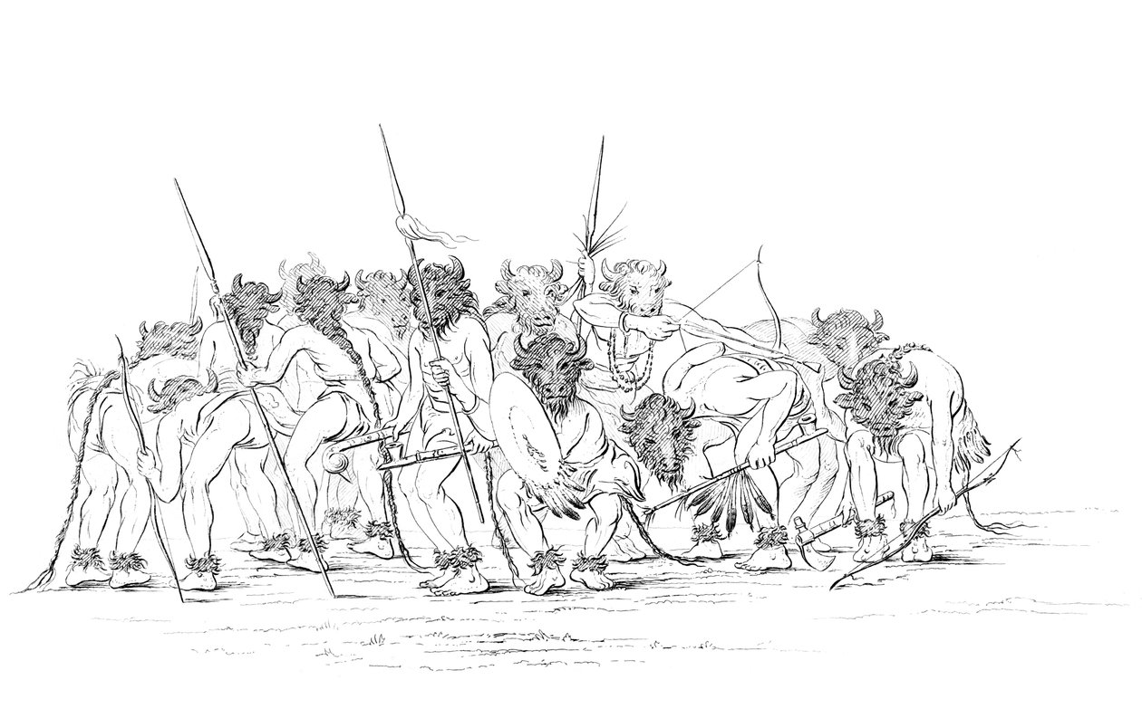 Indiánští lovci tančí v buvolích maskách, 1841. od Myers and Co
