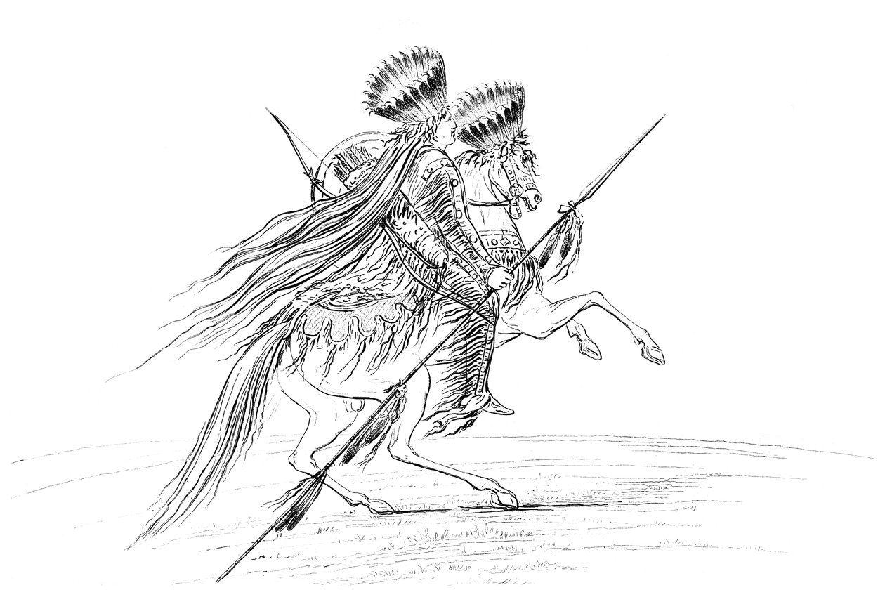 Indiánský muž se zbraněmi a čelenkou, jezdící na koni, 1841. od Myers and Co