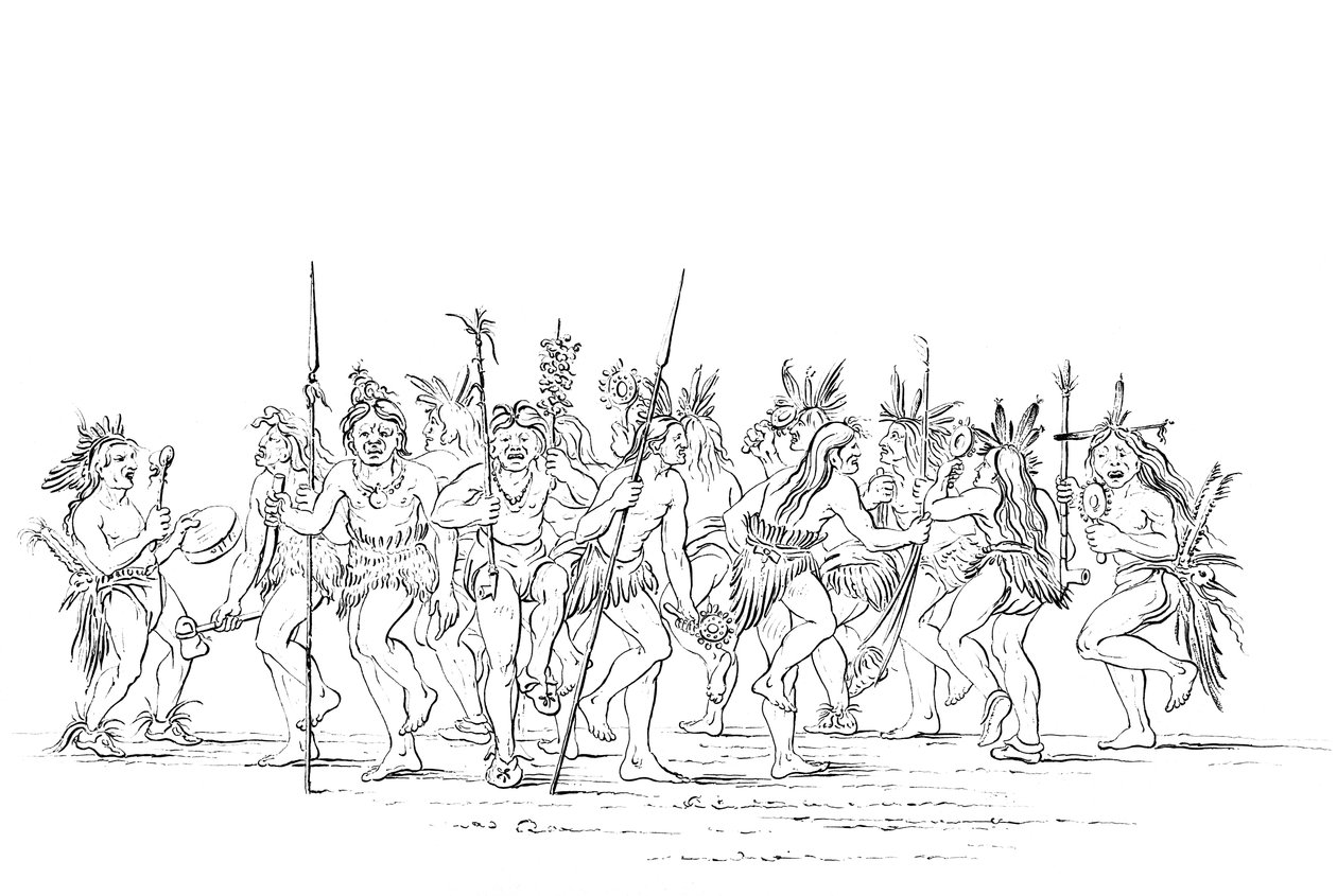 Kmen Siouxů předvádějící žebrácký tanec, 1841. od Myers and Co