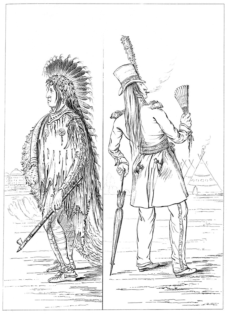Wi-Jun-Jon v domorodém kostýmu a v plukovní uniformě, 1841. od Myers and Co