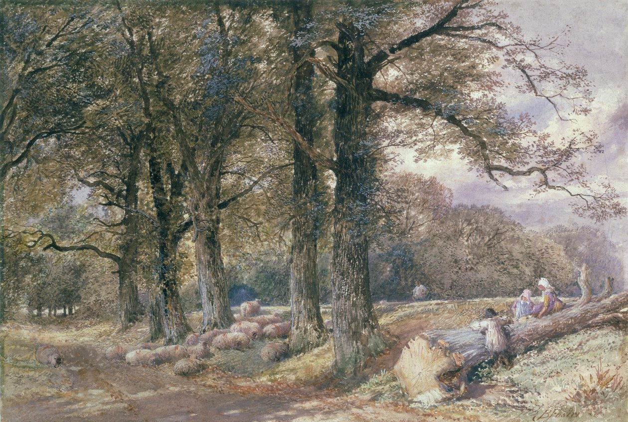 Děti sedí na kmeni stromu od Myles Birket Foster