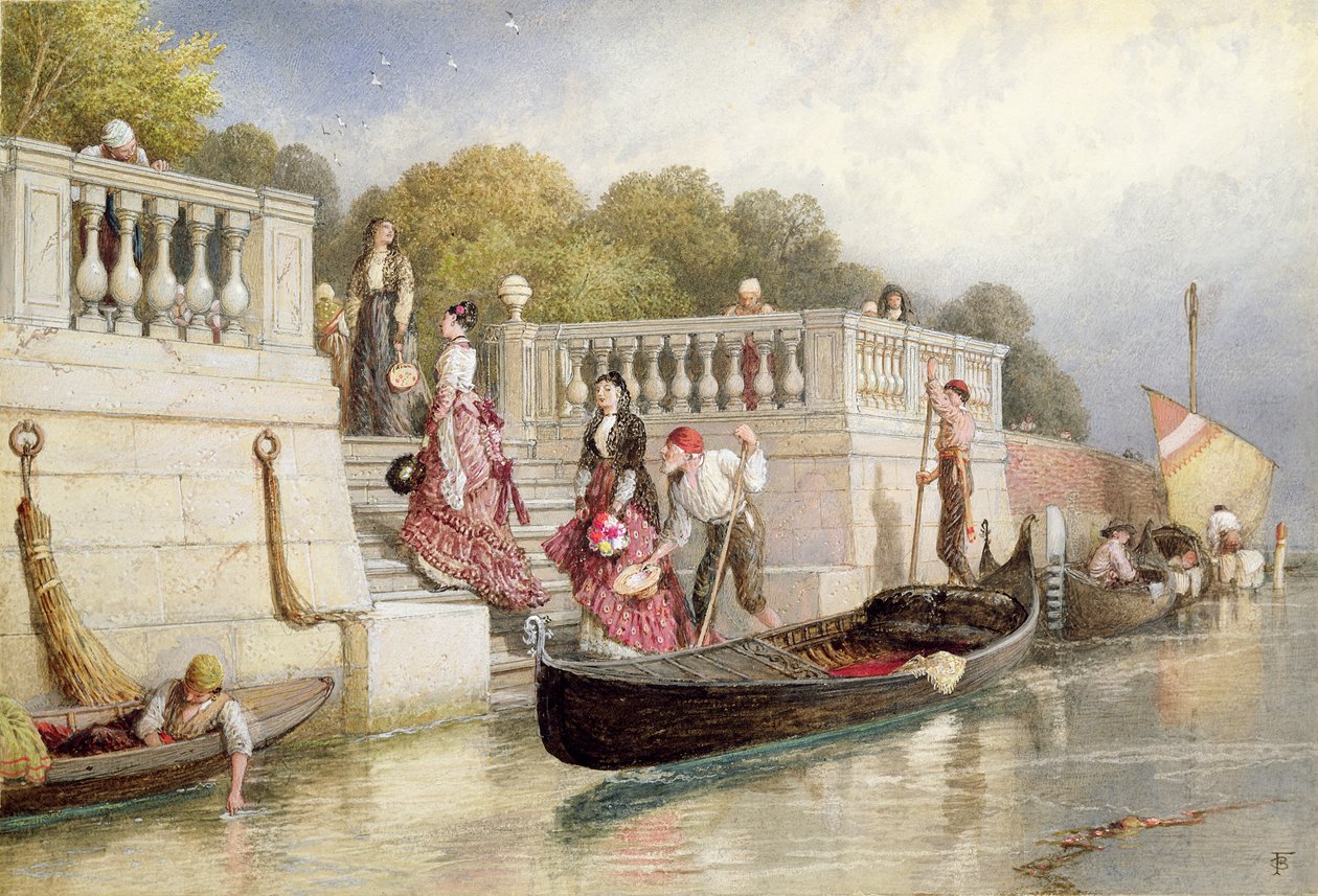 Vylodění z gondoly, Benátky (wc s barvou karoserie na papíře) od Myles Birket Foster