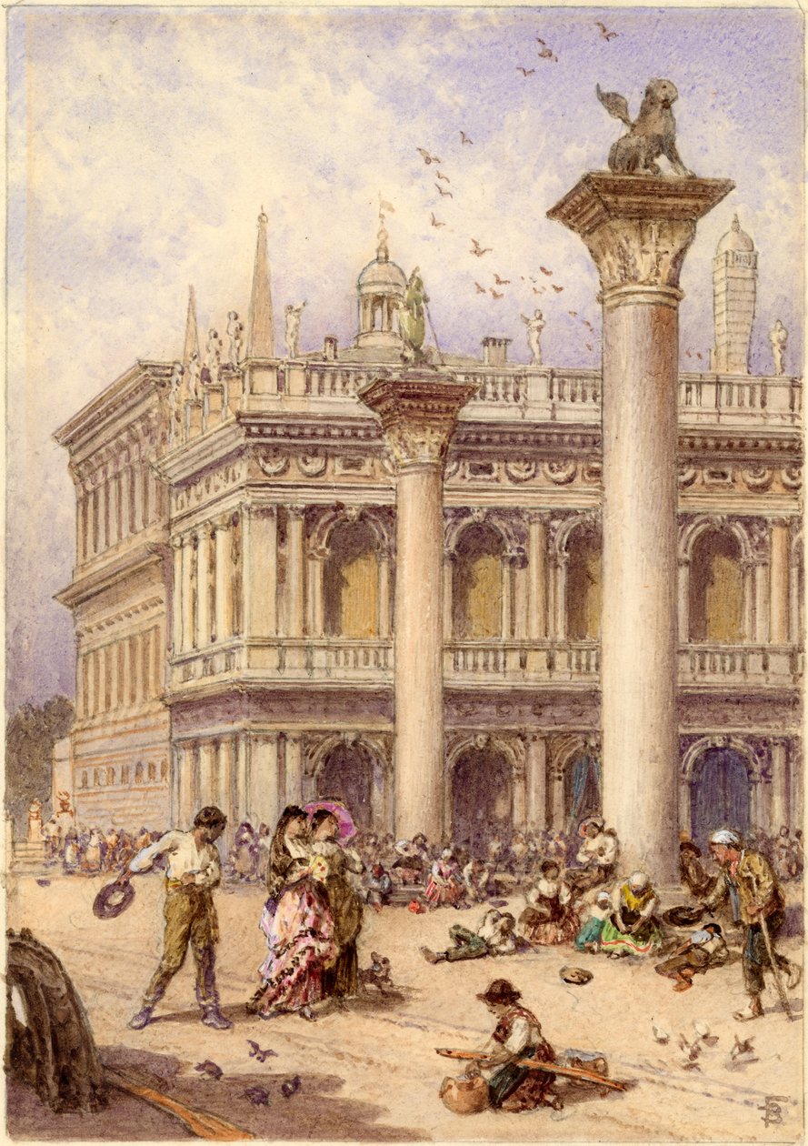 Knihovna na náměstí svatého Marka, Benátky, 1868 (wc na laminované desce) od Myles Birket Foster