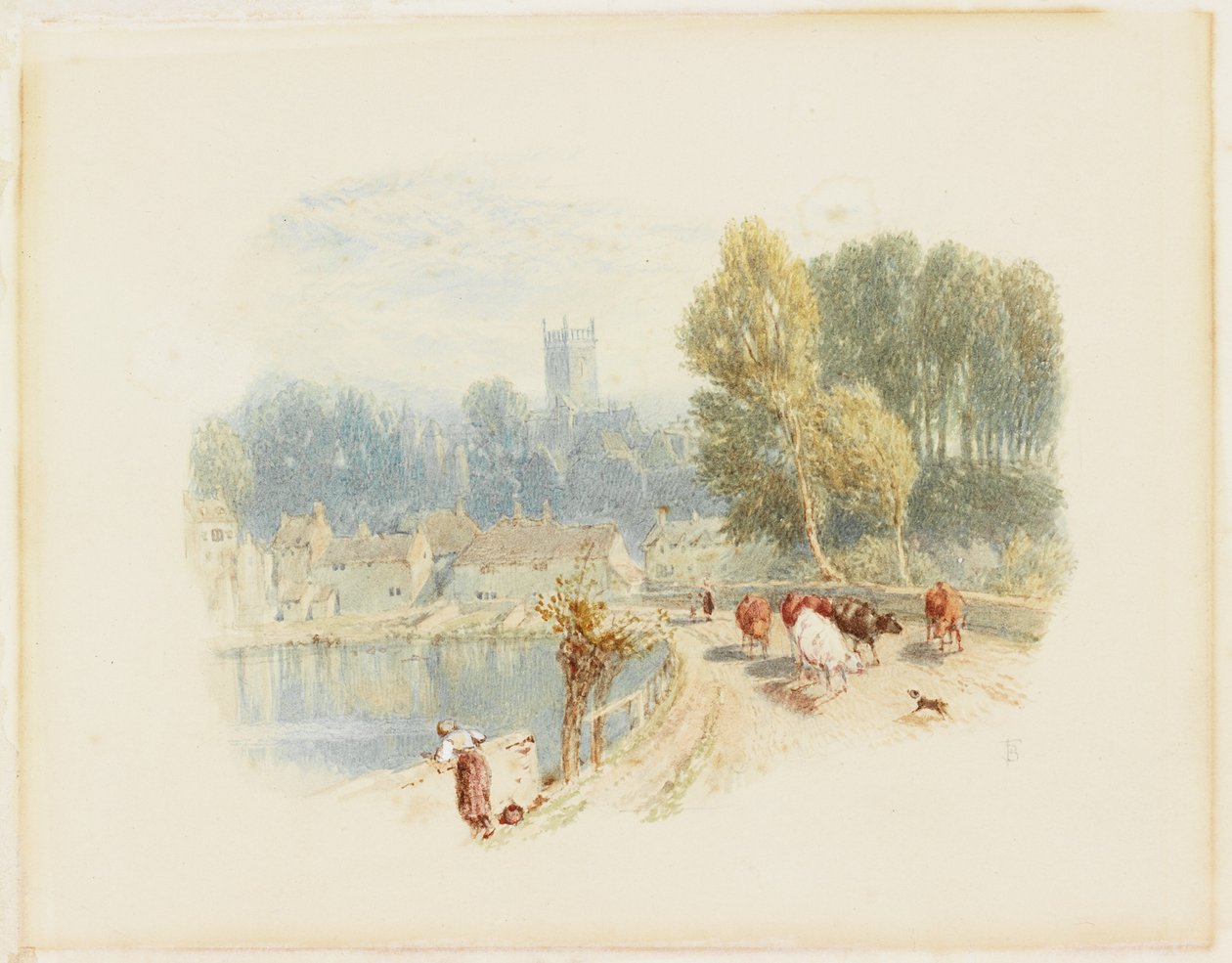 Říční scéna s kostelem (tužka a akvarel na kartě) od Myles Birket Foster