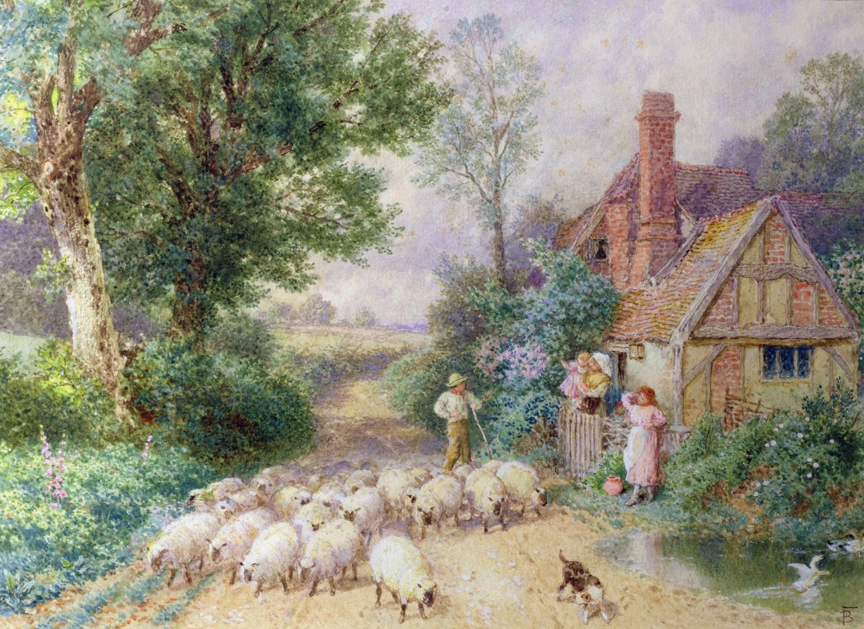 Pastýř a jeho stádo kolem venkovské chalupy od Myles Birket Foster