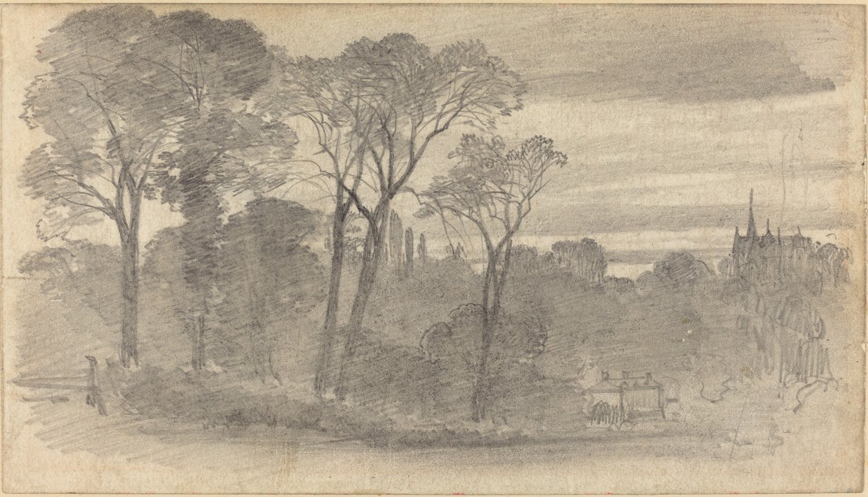 Večerní krajina se vzdálenou katedrálou od Myles Birket Foster
