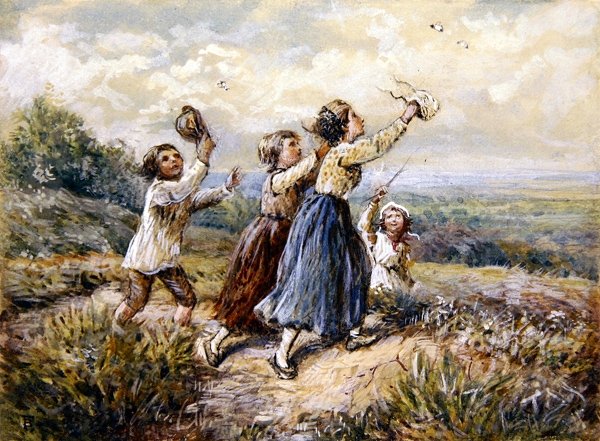 Děti honí motýly (kvaš a akvarel na papíře) od Myles Birket Foster