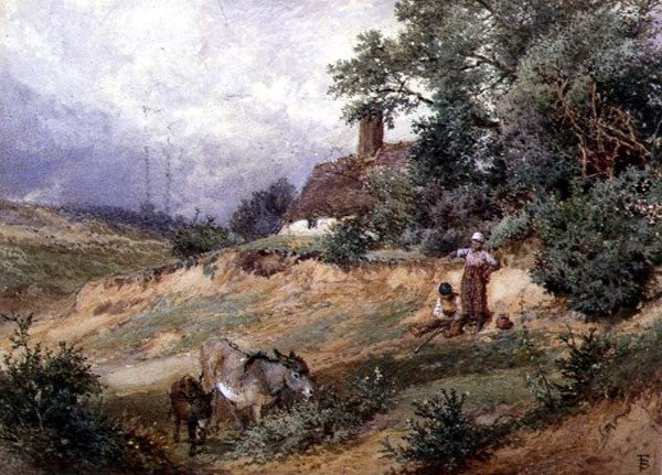 Děti a osli u chaty Heath od Myles Birket Foster