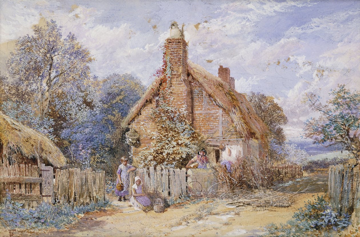 Děti u doškové chaloupky v Chiddingfold, od Myles Birket Foster