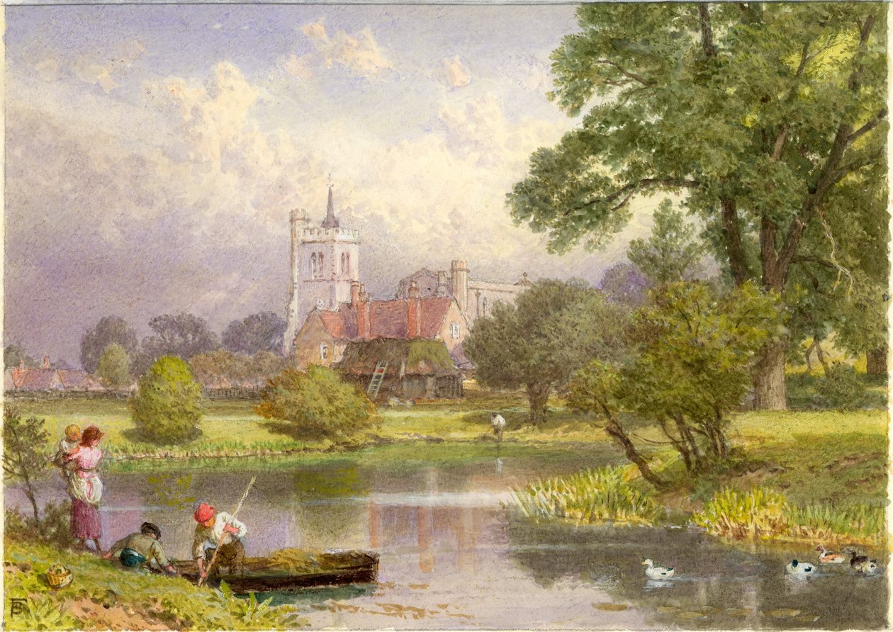 Elstow, Bedfordshire (rodiště Johna Bunyana) (bc a wc na kartě) od Myles Birket Foster