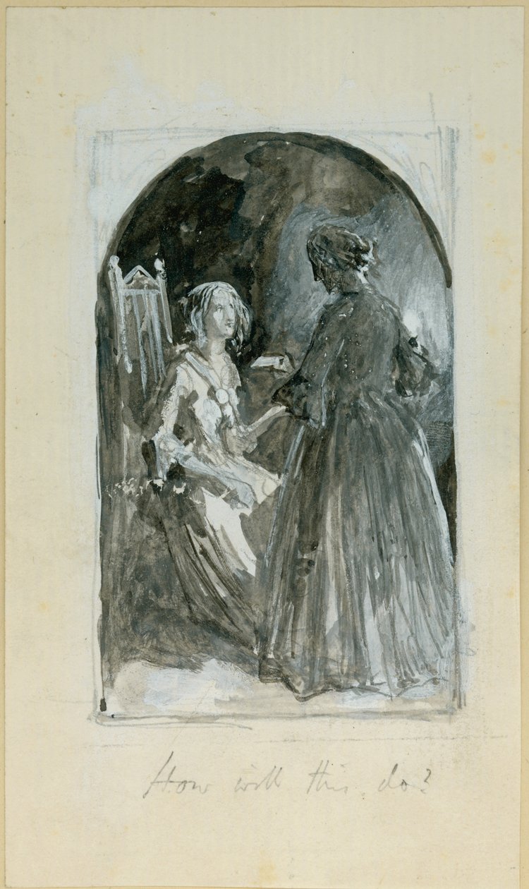 "Emma přebírá z tvrdé ruky Madelaine poleno" (čb, tužka a čb na papíře) od Myles Birket Foster