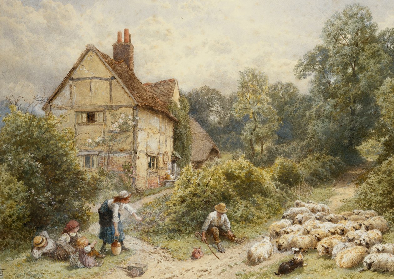Farma Fowl House, Witley, s dětmi, pastýřem a stádem ovcí poblíž, od Myles Birket Foster