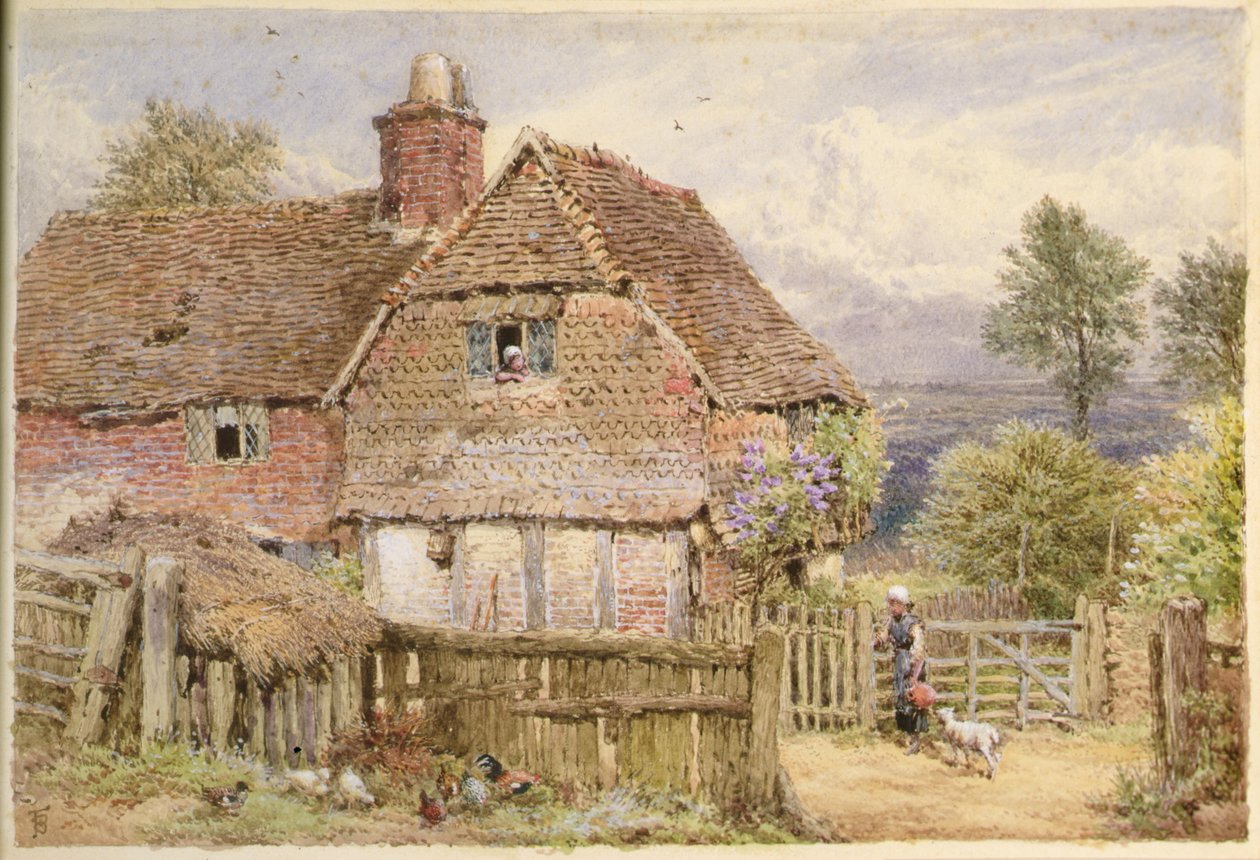 Dívka s jehňátkem od Farmhouse (tužka a akvarel) od Myles Birket Foster
