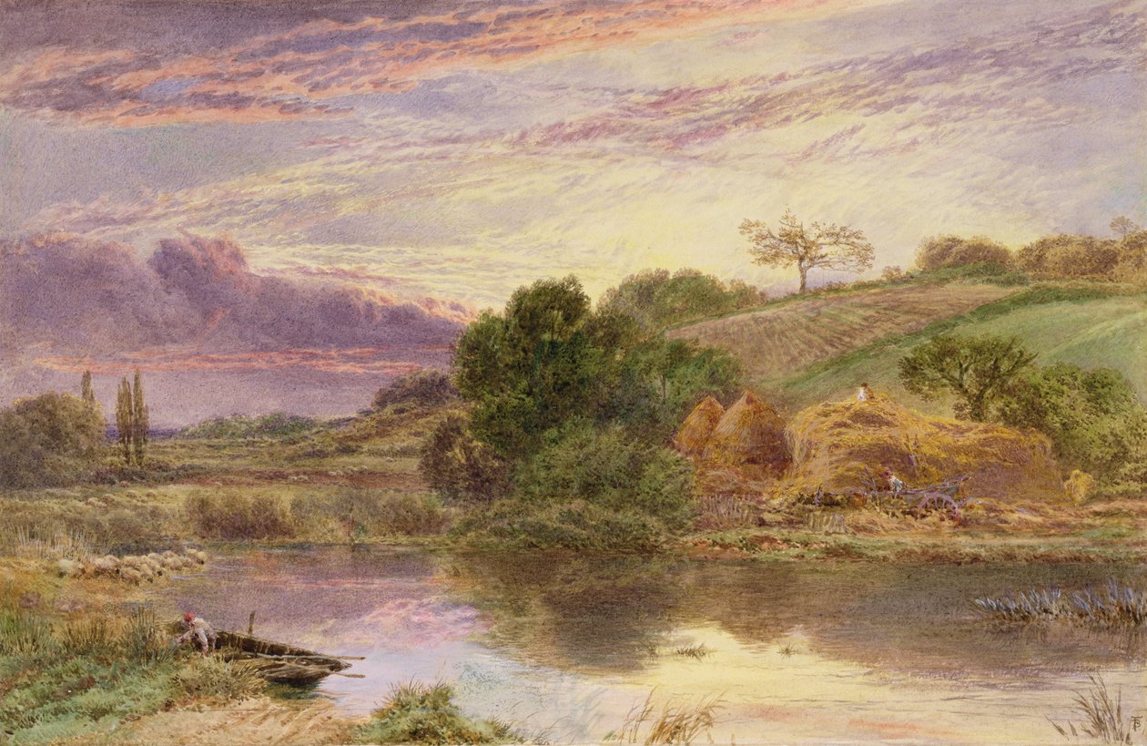 Haymakers Beside a River at Even (akvarel zvýrazněný bílou) od Myles Birket Foster