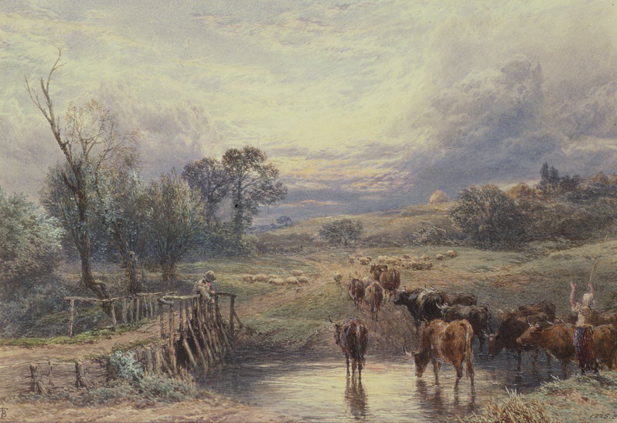 Krajina s dobytkem a mostem, 19. století od Myles Birket Foster