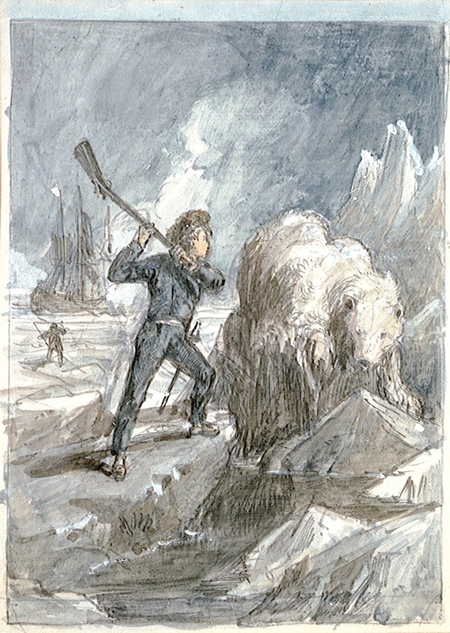 Nelson potkává medvěda, asi 1854 (šedá barva, zvýrazněná bílou, akvarel, grafit) od Myles Birket Foster