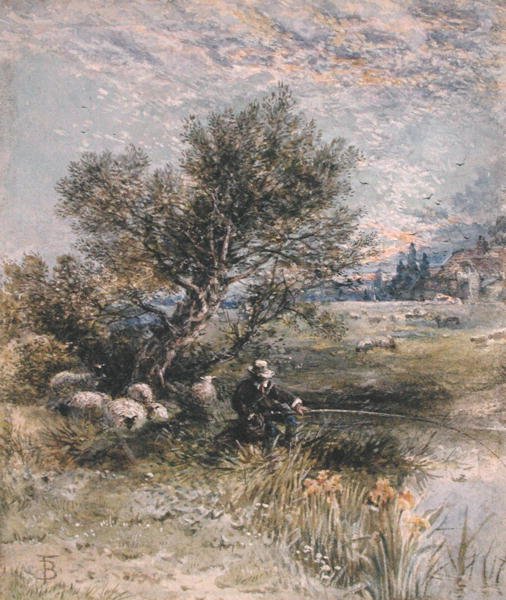 The Angler (akvarel s tělovou barvou na papíře) od Myles Birket Foster