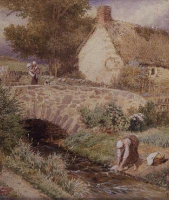 Žena praní oblečení v proudu od Myles Birket Foster