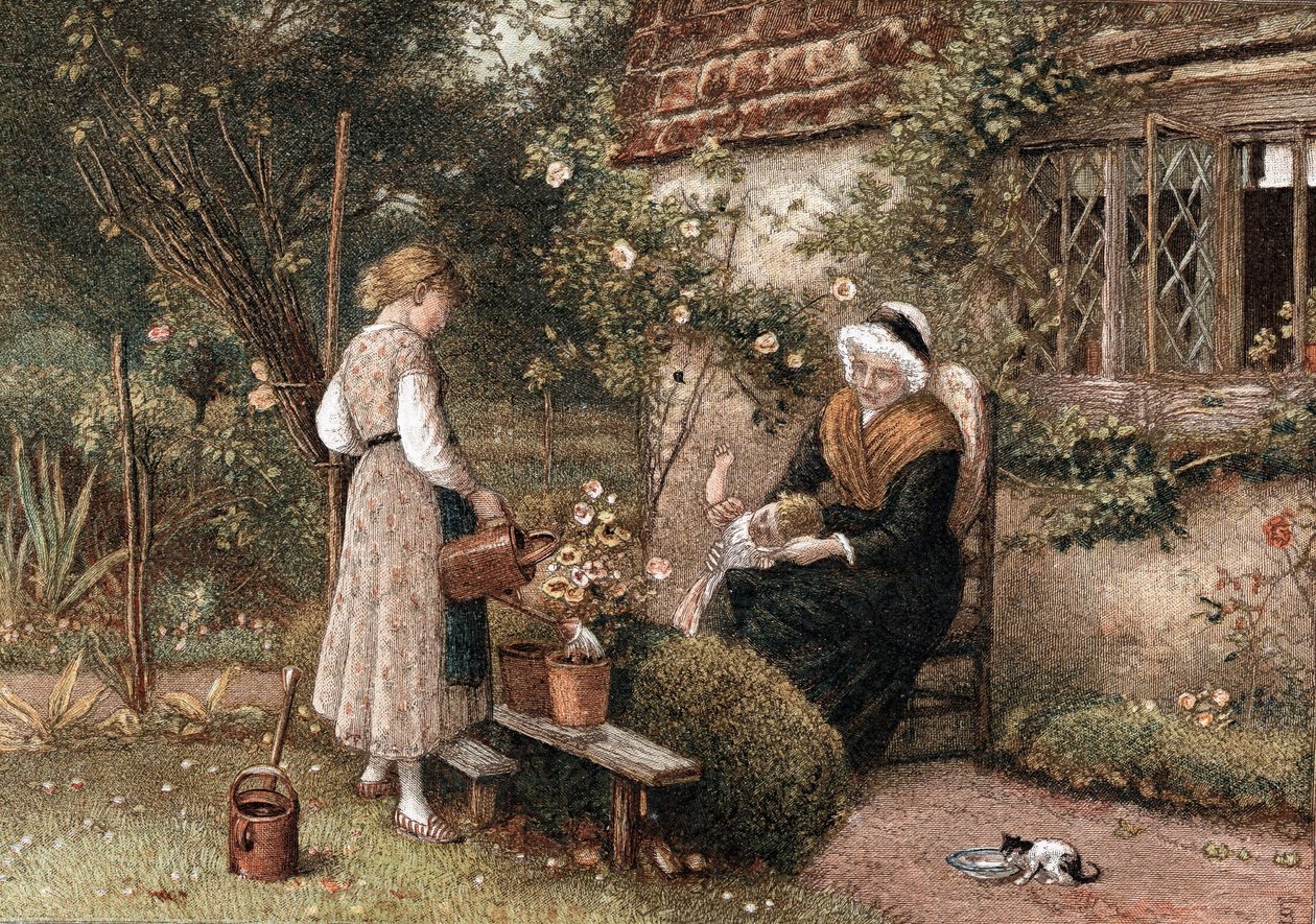 Mládí a věk. Chromolitografie podle obrazu Mylese Birketta Fostera (1825-1899), anglického malíře, vydáno v Londýně 1866. Babička v krajkovém čepci sedící v zahradě domku se dvěma vnoučaty. Dívka zalévá konví rostlinu v květináči. Koťátko dri od Myles Birket Foster