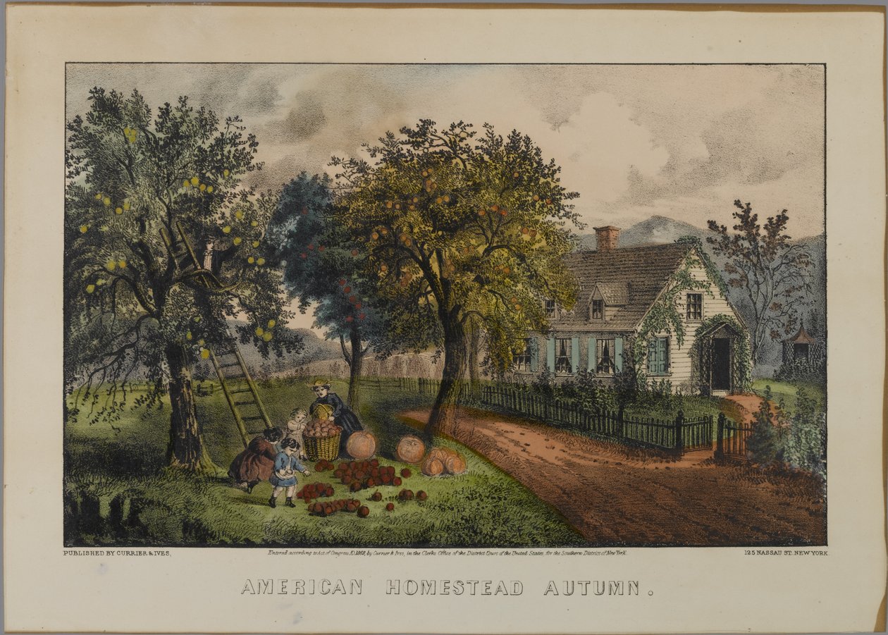 American Homestead Autumn, 1868-69 (ručně kolorované lito) od N. and Ives, J.M. Currier