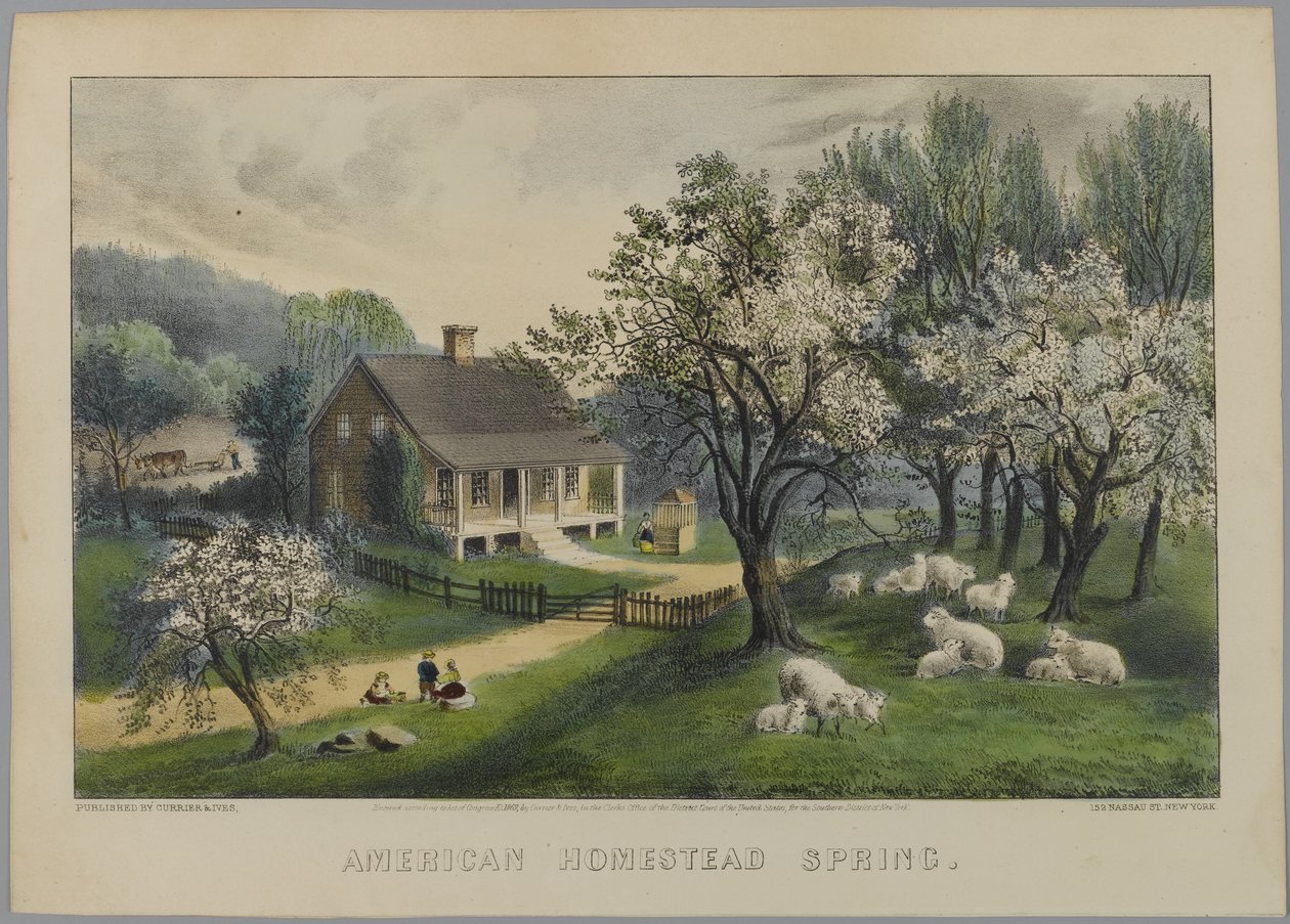 American Homestead Spring, 1868-69 (ručně kolorované lito) od N. and Ives, J.M. Currier