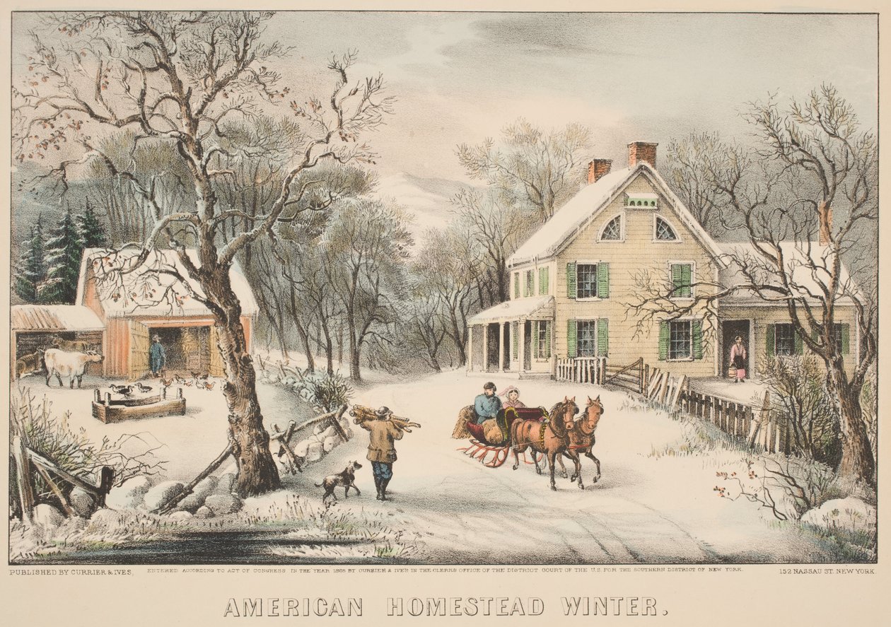 American Homestead Winter, 1868 (barevné lito) od N. and Ives, J.M. Currier