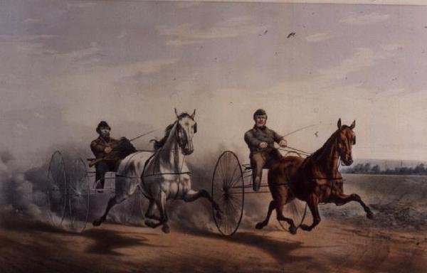 Hero and Flora Temple Swinging on the Home Stretch ve skvělém zápase o 2 000 $ na hřišti Centerville, 1855 od N. and Ives, J.M. Currier
