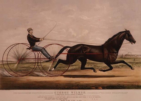 Slavný klusácký hřebec George Wilkes, jak se objevil ve svém velkém dostihu s Lady Thorne, 14. června 1866, od N. and Ives, J.M. Currier