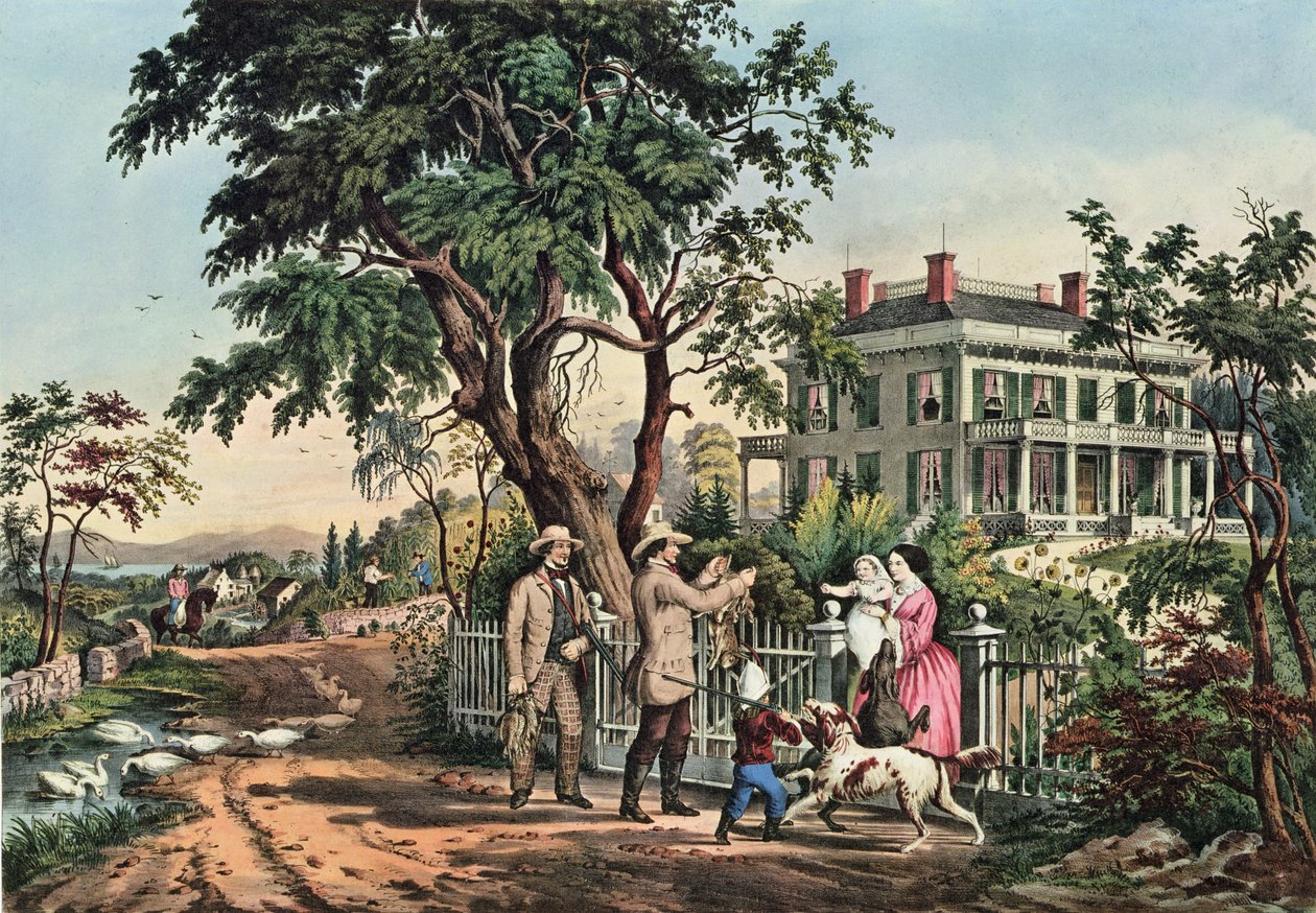 Americký venkovský život – říjnové odpoledne, 1855 od N. and Ives, J.M. Currier