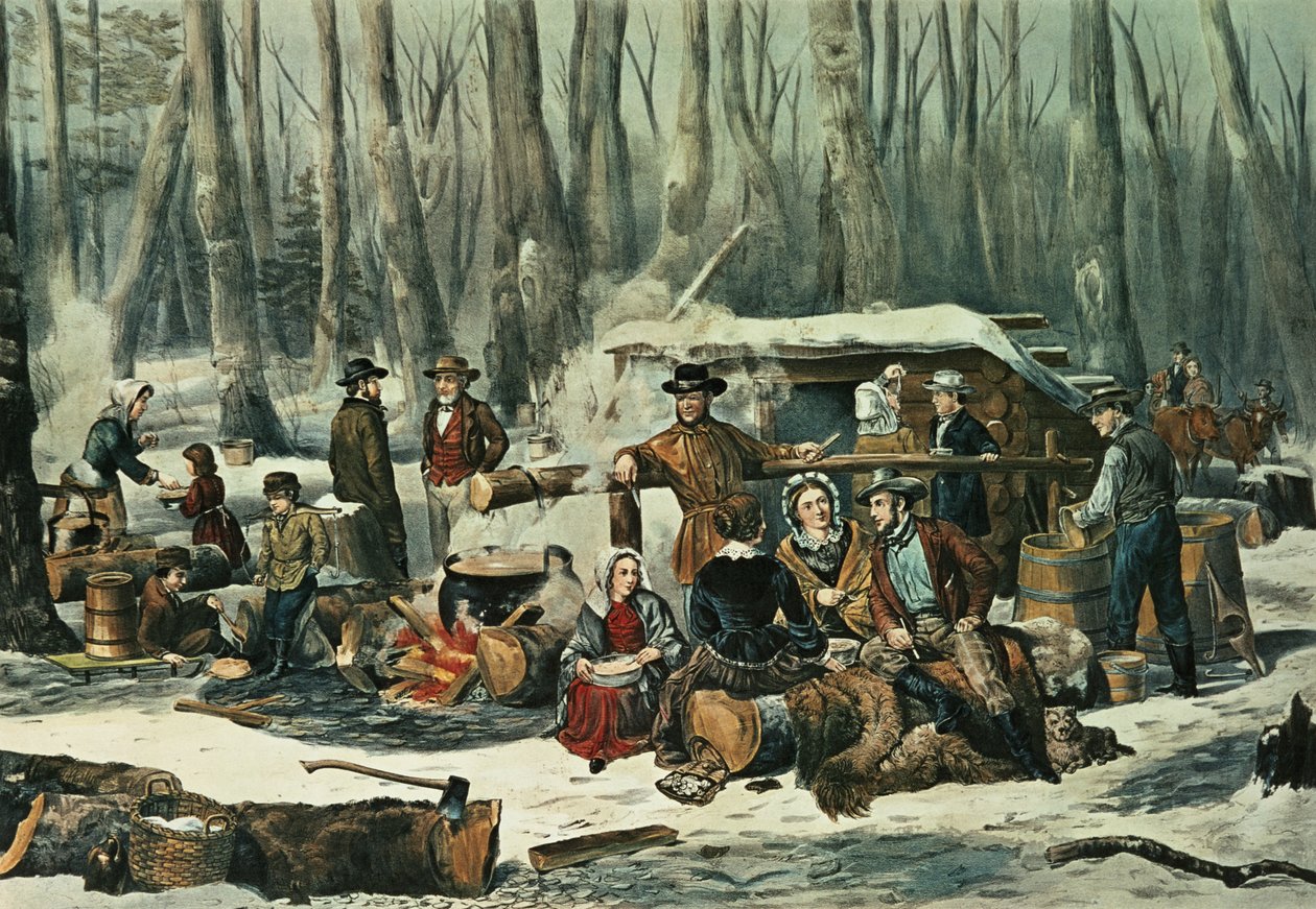 Americká lesní scéna - Maple Sugaring, 1856 od N. and Ives, J.M. Currier