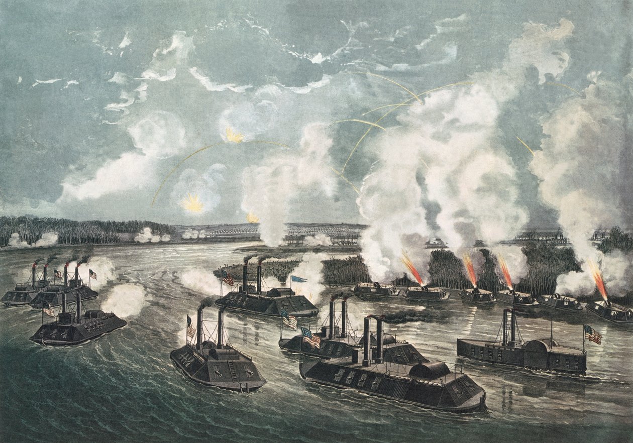 Bombardování a dobytí ostrova č. 10 na řece Mississippi, 7. dubna 1862 od N. and Ives, J.M. Currier