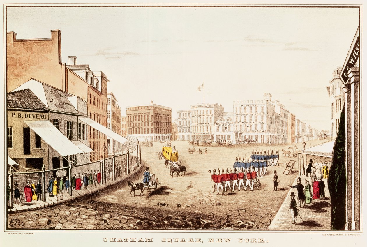 Chatham Square, New York od N. and Ives, J.M. Currier