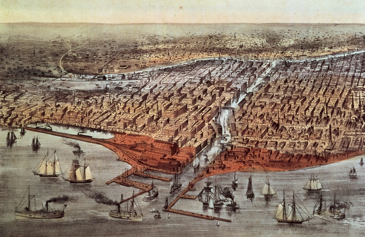 Chicago jak to bylo, kolem roku 1880 od N. and Ives, J.M. Currier