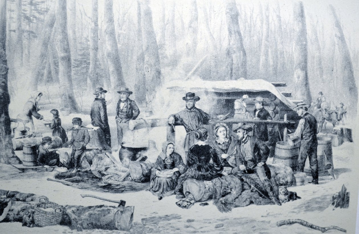 Currier & Ives ilustrace 19. století. Americká lesní scéna, Maple Sugaring od N. and Ives, J.M. Currier