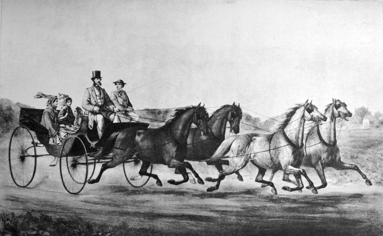 Currier & Ives ilustrace 19. století. MINER,STEVENS & CO, kočáry první třídy a lehký vůz od N. and Ives, J.M. Currier