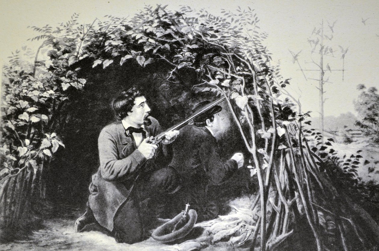 Currier & Ives ilustrace 19. století. Střelba na holuby, hra na návnadu od N. and Ives, J.M. Currier