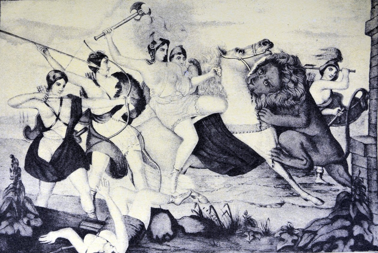 Currier & Ives ilustrace 19. století. Královna Amazonek napadena lvem od N. and Ives, J.M. Currier