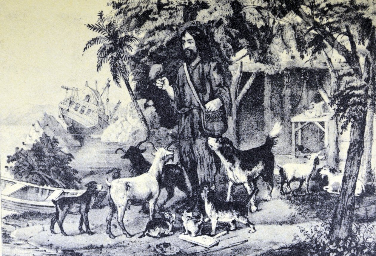 Currier & Ives ilustrace 19. století. Robinson Crusoe a jeho mazlíčci od N. and Ives, J.M. Currier