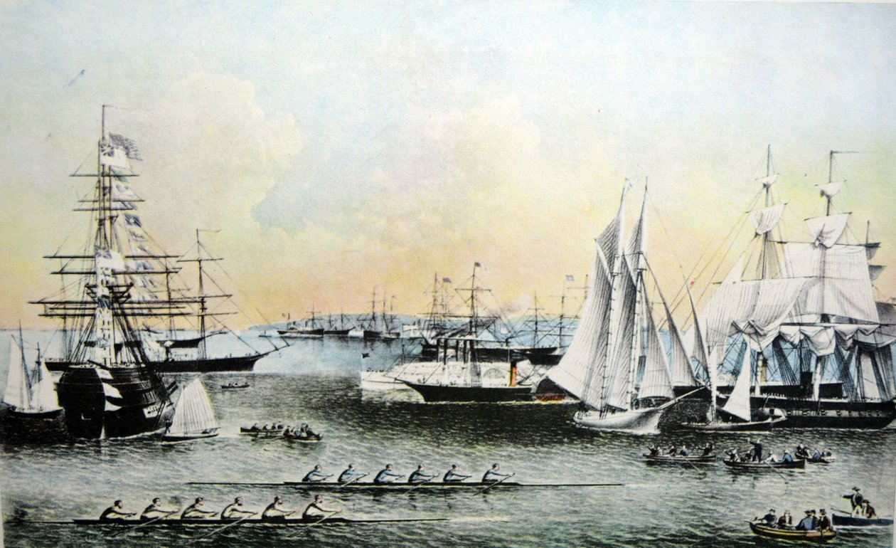 Currier & Ives ilustrace 19. století. Letní scény lodí v přístavu New York od N. and Ives, J.M. Currier