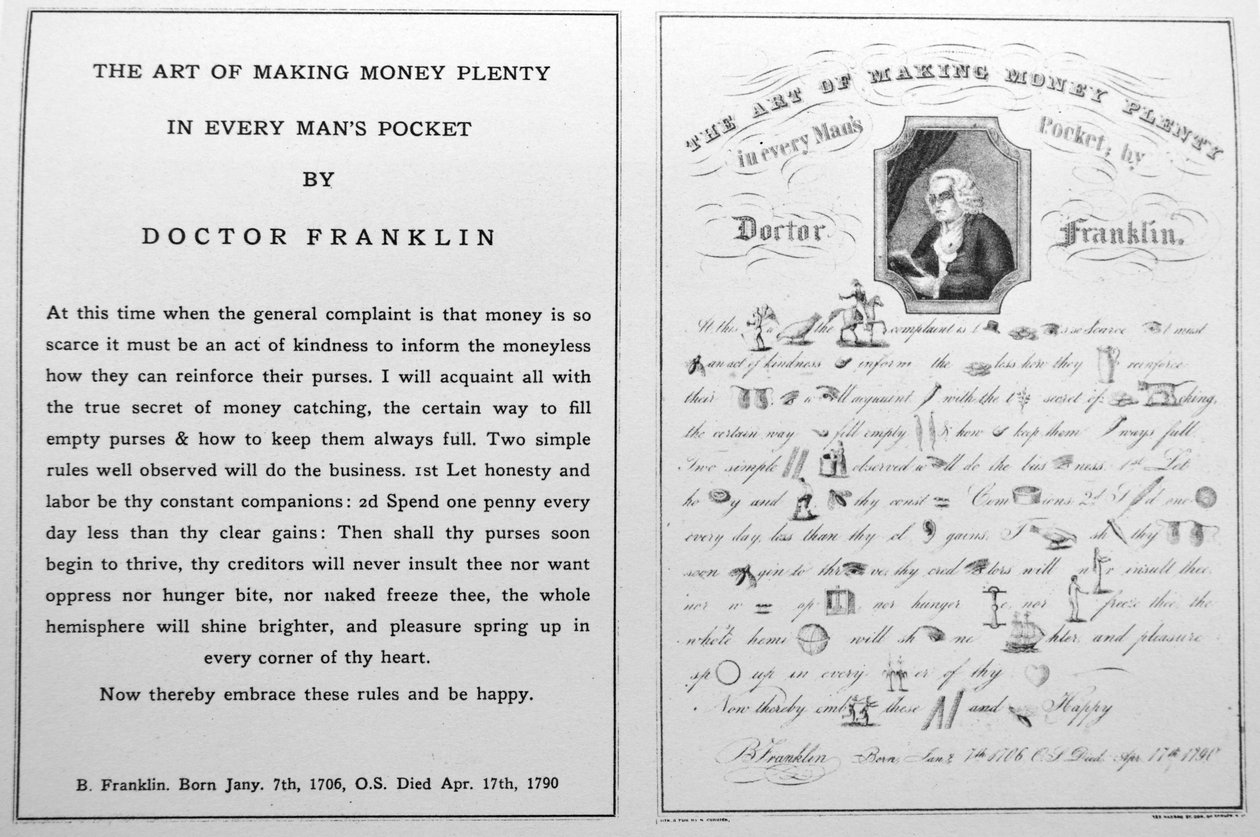Currier & Ives ilustrace 19. století. Umění vydělat spoustu peněz v každém mužském kapesném, doktor Franklin od N. and Ives, J.M. Currier
