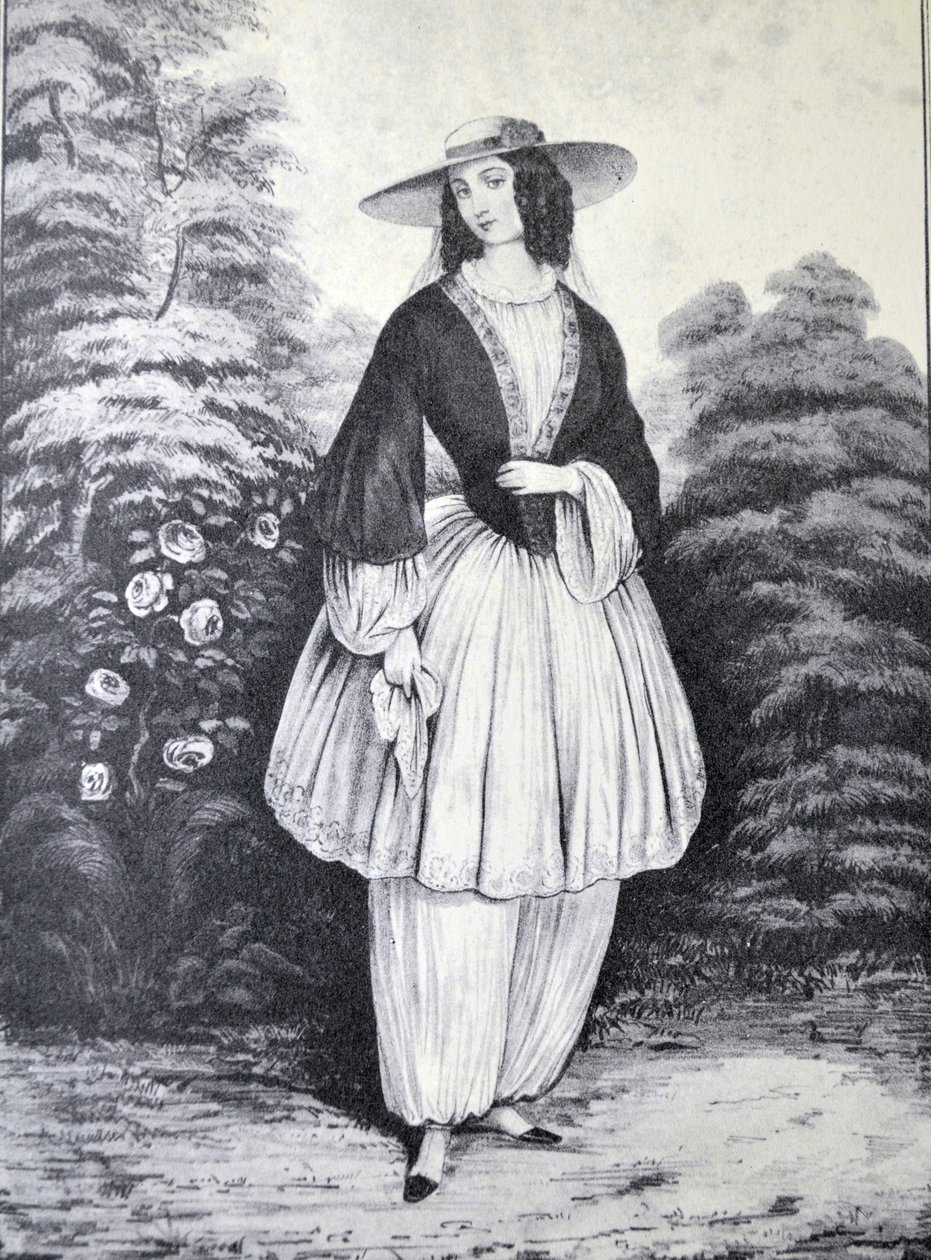 Currier & Ives ilustrace 19. století. Kostým Bloomer od N. and Ives, J.M. Currier