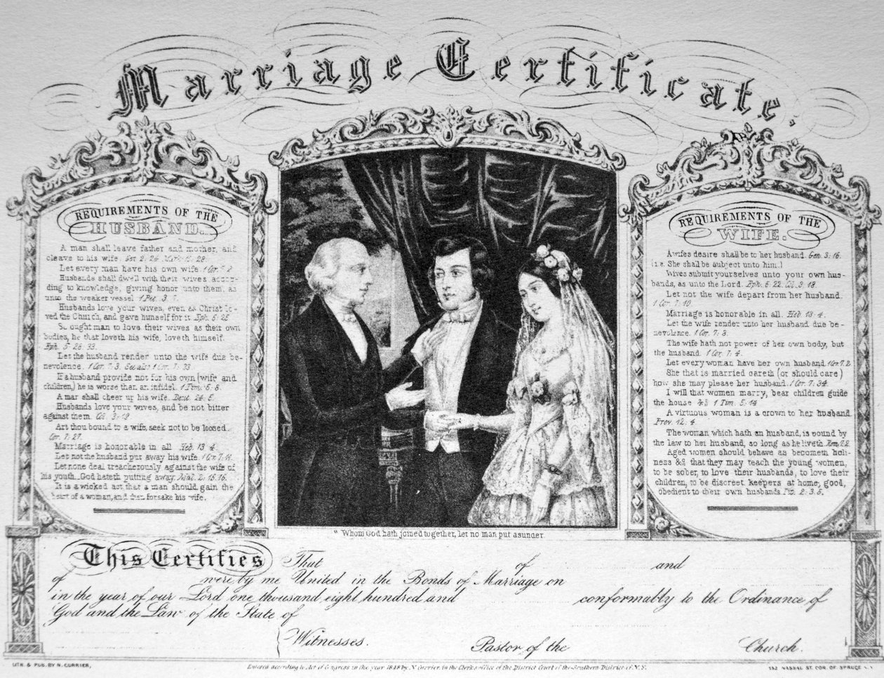 Currier & Ives ilustrace 19. století. Oddací list od N. and Ives, J.M. Currier